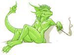  anthro anus breasts cigarette claws dragon fangs female green_scales grin headfins horn looking_at_viewer nipples nude pinup pira plain_background pose pussy scalie sitting smoking solo white_background 