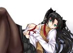  black_hair blue_eyes breasts fate/stay_night fate_(series) hair_ribbon homurahara_academy_uniform long_hair medium_breasts open_clothes open_shirt pantyhose ribbon school_uniform shirt simadu-kazuhisa solo toosaka_rin two_side_up 