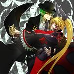  1boy 1girl arc_system_works blazblue blonde_hair cross dress girl green_hair hat hazama male rachel_alucard red_eyes ribbon smile yellow_eyes 