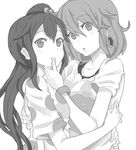  chin_grab drawr earrings greyscale hair_bobbles hair_ornament hand_on_another's_face hirasawa_yui hug jewelry k-on! kuzu_kow listen!! long_hair looking_at_viewer monochrome multiple_girls nakano_azusa shirt short_hair side_ponytail t-shirt upper_body yuri 