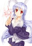  animal_ears bunny_ears dress_shirt finger_gun glint jacket long_hair off_shoulder open_clothes open_jacket pino_(birthdayparty) pleated_skirt red_eyes reisen_udongein_inaba shirt silver_hair skirt smile solo touhou very_long_hair 