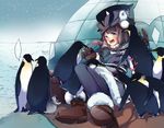  animal bird black_legwear blue_eyes blush boots braid brown_hair coat fish fur_hat hat heart highres igloo jpeg_artifacts long_hair nicohi night night_sky open_mouth original pantyhose penguin sky snow snow_shelter star twin_braids 