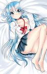  :o bad_id bad_pixiv_id bare_legs bare_shoulders barefoot bed blanket blue_eyes blue_hair bow bowtie breasts denpa_onna_to_seishun_otoko dress_shirt feet from_above kuzu_kow looking_at_viewer lying medium_breasts no_bra off_shoulder on_back pleated_skirt shirt skirt solo touwa_erio 