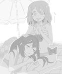  beach_umbrella bikini bow drawr finger_to_mouth greyscale hand_on_another's_head hirasawa_yui k-on! kuzu_kow lap_pillow monochrome multiple_girls nakano_azusa open_mouth shushing sitting sleeping smile striped striped_bikini striped_swimsuit swimsuit twintails umbrella wariza 