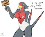  avian beak big_breasts bird blue_eyes breasts chest_tuft english_text female fur looking_at_viewer navel nintendo nipples nude plain_background pok&#233;mon pok&#233;morph pok&eacute;mon pok&eacute;morph sign solo sopa swellow text ticklishways tuft video_games white_background zp92 