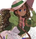  1girl adjusting_clothes adjusting_headwear apron bow bowtie brown_hair commentary curly_hair dark-skinned_female dark_skin dress flower green_dress green_ribbon hat hat_ribbon highres long_hair looking_at_viewer nachoz_(nachozart) original pink_bow pink_bowtie pink_hat purple_eyes ribbon solo sun_hat unfinished white_apron 