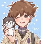  1boy alternate_eye_color antenna_hair blue_background blush bright_pupils brown_eyes brown_hair cardigan character_doll character_name commentary dark-skinned_male dark_skin doll double-parted_bangs ear_piercing hair_between_eyes heart hero_(birthday)_(omori) hero_(faraway)_(omori) hero_(omori) highres holding holding_stuffed_toy imo_mo_0 looking_at_viewer male_focus mari_(omori) mari_(spirit)_(omori) official_alternate_costume omori one_eye_closed open_mouth piercing short_hair smile solo something_(omori) stuffed_toy sweater symbol-only_commentary teeth turtleneck turtleneck_sweater upper_body upper_teeth_only watermark white_cardigan white_pupils 