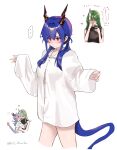  !? ... 2girls absurdres arknights black_shirt blue_hair blush breasts button_gap cellphone ch'en_(arknights) closed_mouth collared_shirt commentary_request covering_face cowboy_shot cropped_torso dragon_girl dragon_horns dragon_tail dress_shirt green_hair hair_between_eyes hands_up heart highres hill_chuchu holding holding_phone horns hoshiguma_(arknights) hug large_breasts long_hair long_sleeves low_twintails multiple_girls naked_shirt no_bra no_pants nose_blush oni open_mouth oversized_clothes oversized_shirt partially_unbuttoned phone red_eyes shirt sidelocks simple_background single_horn skin-covered_horns sleeveless sleeveless_shirt smartphone speech_bubble spoken_ellipsis standing tail taking_picture tearing_up thought_bubble translation_request turtleneck turtleneck_shirt twintails twitter_username v-shaped_eyebrows white_background white_shirt 