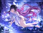  1girl alt_text bare_shoulders barefoot black_hair closed_eyes closed_mouth collarbone columbina_(genshin_impact) commentary dress english_commentary flower full_body genshin_impact libero_art light_smile long_hair lying multicolored_hair on_side purple_hair solo very_long_hair white_dress white_flower 