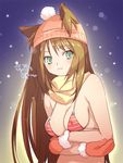  animal_ears bare_shoulders beanie bikini_top blush breast_hold breasts brown_hair cat_ears cold covered_nipples gloves green_eyes hat large_breasts long_hair mamecchi neko_no_wakusei original scarf snow solo trembling 