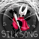 1:1 2025 2_horns absurd_res ambiguous_gender arthropod biped black_body black_eyes cloak clothed clothing empty_eyes english_text hi_res holding_melee_weapon holding_musical_instrument holding_object holding_weapon hollow_knight:_silksong hollow_knight_(franchise) horn hornet_(hollow_knight) melee_weapon musical_instrument musical_note musical_symbol red_cloak red_clothing solo symbol team_cherry text thread vespero9 weapon white_text