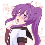  :o beamed_eighth_notes blush bow eighth_note hair_bow hand_on_own_chest happy_birthday heart kumoi_kei leaning_back long_sleeves musical_note nanamori_school_uniform open_mouth ponytail purple_eyes purple_hair quarter_note school_uniform serafuku short_over_long_sleeves short_sleeves simple_background solo staff_(music) sugiura_ayano white_background yuru_yuri 