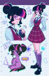  1girl absurdres adjusting_eyewear alternate_skin_color amulet animalization arm_behind_back beaker black_hair black_necktie black_shoes blue_outline blunt_bangs bunsen_burner chanyue chinese_commentary closed_mouth commentary_request crying crying_with_eyes_open crystal_prep_academy_school_uniform cutie_mark emoji frilled_socks frills full_body glasses grid_background hair_bun highres kneehighs loafers long_sleeves looking_at_viewer microscope multicolored_hair multiple_views my_little_pony my_little_pony:_equestria_girls my_little_pony:_friendship_is_magic necktie outline parted_lips person_and_animalization pink-framed_eyewear pink_streaks pinstripe_socks plaid_clothes plaid_skirt pleading_face_emoji pleated_skirt purple_eyes purple_skirt purple_socks purple_streaks purple_vest rainbow school_uniform sci-twi semi-rimless_eyewear serious shirt shoes sidelocks simple_background sitting skirt socks sparkle speech_bubble standing streaked_hair striped_clothes striped_socks tears twilight_sparkle under-rim_eyewear unicorn vertical-striped_clothes vertical-striped_socks vest white_background white_shirt 