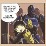 1_eye 2024 2_antennae ai_generated_media_(subject) ambiguous_gender android biped black_body black_hair blue_body clothing cyclops dialogue digital_drawing_(artwork) digital_media_(artwork) door english_text female gesture gloves group hair hand_gesture handwear humanoid kieran_harris looking_at_viewer machine open_door open_mouth pointing pointing_back police police_officer robot robot_humanoid shirt short_hair size_difference smaller_female smile speech_bubble standing talking_to_viewer tank_top text topwear unnamed_character white_face white_sclera yellow_clothing yellow_eyes yellow_gloves yellow_handwear yellow_shirt yellow_tank_top yellow_topwear