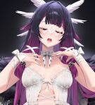  1girl absurdres alternate_costume black_hair bow bowtie breasts breasts_apart closed_eyes coat columbina_(genshin_impact) commentary commission english_commentary eye_mask facing_viewer fatui_coat fingernails fur-trimmed_coat fur_trim genshin_impact gradient_hair hair_intakes hair_ornament hands_up highres long_hair mask multicolored_hair music navel open_mouth paid_reward_available purple_hair singing sitting small_breasts solo stomach two-tone_hair unworn_coat upper_body very_long_hair vitaminechan white_bow white_bowtie white_wings wing_hair_ornament wings 