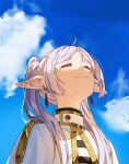  1girl :3 admiralkeyes ahoge black_shirt blue_sky capelet closed_eyes closed_mouth cloud cloudy_sky commentary earrings elf frieren happy_tears highres jewelry long_hair meme multicolored_shirt parted_bangs parted_lips pointy_ears shirt sky solo sousou_no_frieren striped_clothes striped_shirt tears twintails two-tone_shirt upper_body upward_angle_frieren_drawing_(meme) white_capelet white_hair white_shirt 