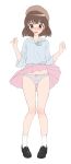  1girl absurdres beret black_shoes blue_shirt blush bob_cut bow bow_panties brown_eyes brown_hair brown_hat clothes_lift collared_shirt commentary_request commission crotch_seam embarrassed full_body gimhyeo09366967 hands_up hat highres korean_commentary loafers miniskirt nose_blush open_mouth original panties pantyshot pigeon-toed pink_skirt pleated_skirt polka_dot polka_dot_panties raised_inner_eyebrows shirt shirt_tucked_in shoes short_hair simple_background skirt skirt_lift small_sweatdrop socks solo standing straight-on three-quarter_sleeves underwear white_background white_panties white_socks wind wind_lift 