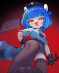  1girl animal_ears armband black_gloves blue_hair blue_shirt blue_skirt breast_pocket chromashift collared_shirt commentary english_commentary english_text from_below gloves hair_ornament hairclip half-closed_eyes hat highres holding_baton leaf_hair_ornament looking_at_viewer mesugaki necktie pocket poko_rakun police police_hat police_uniform raccoon_ears raccoon_tail red_background sahelanthropus_(latinxedgelord) sharp_teeth shirt shirt_tucked_in short_sleeves skirt solo stepped_on tail teeth thighhighs tie_clip virtual_youtuber yellow_eyes 