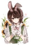  1girl absurdres animal_ear_fluff animal_ears brown_hair chinese_commentary collared_shirt commentary_request emma_woods flower freckles gloves green_eyes green_overalls hands_up highres identity_v kemonomimi_mode looking_at_viewer medium_hair neck_ribbon overalls parted_bangs ponytail rabbit_ears rabbit_girl red_ribbon ribbon shirt short_ponytail sidelocks simple_background sleeves_rolled_up smile solo sparkle sunflower white_background white_gloves white_shirt yeshu_bu_shi_yes 