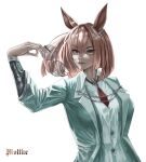  1girl absurdres animal_ears breasts brown_hair closed_mouth ear_ornament glasses highres holding holding_removed_eyewear horse_ears horse_girl ikuno_dictus_(umamusume) jacket long_hair long_sleeves looking_at_viewer moltke_(moltke_von) multicolored_hair necktie open_clothes open_jacket red_necktie round_eyewear shirt simple_background smile solo umamusume unworn_eyewear upper_body vest white_background white_jacket white_shirt white_vest 