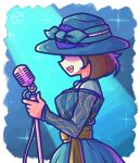  1girl absurdres artist_logo blue_background brown_hair clochan_(dongin1228) dress from_side green_dress green_hat hat highres holding holding_microphone kirby_(series) kirby_and_the_forgotten_land logo long_sleeves microphone neichel_(kirby) open_mouth shaded_face short_hair solo sparkle star-crossed_world 