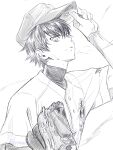  1boy absurdres ace_of_diamond adjusting_clothes adjusting_headwear baseball_mitt baseball_uniform closed_mouth commentary_request greyscale highres kusatakesi looking_at_viewer male_focus monochrome sawamura_eijun short_hair simple_background solo sportswear sweat upper_body white_background 