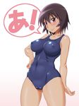  a azumanga_daiou bare_shoulders breasts brown_eyes brown_hair cameltoe collarbone commentary_request covered_nipples hand_on_hip kagura_(azumanga_daiou) large_breasts looking_at_viewer one-piece_swimsuit school_swimsuit shikuta_maru short_hair smile solo speech_bubble swimsuit 