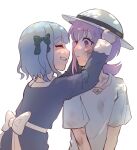  2girls ^_^ aged_down alternate_hairstyle arms_up back_bow bang_dream! bang_dream!_it's_mygo!!!!! blue_dress borrowed_accessory bow bowler_hat child chinese_commentary closed_eyes commentary_request dappled_sunlight dirty dirty_clothes dirty_face dress eyelashes face-to-face flipped_hair green_bow grin hair_bow hat highres hui_0w0 long_sleeves low_ponytail multiple_girls parted_lips ponytail profile purple_hair putting_on_headwear red_hair shirt short_hair short_ponytail short_sleeves simple_background smile sunlight surprised sweatdrop t-shirt togawa_sakiko turning_head upper_body white_background white_bow white_hat white_shirt wide-eyed yuutenji_nyamu 