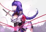  1girl back_bow bdsm bent_over blunt_bangs blush bondage bound bow braid breasts bridal_gauntlets cleavage commentary drawing_sword electricity genshin_impact hair_ornament hair_ribbon holding holding_sword holding_weapon human_scabbard japanese_clothes kimono large_breasts leaning_forward lingerie long_braid manchengdoushiyaolanmi neck_ribbon off_shoulder parted_lips purple_eyes purple_hair purple_kimono purple_ribbon raiden_shogun red_ribbon red_sash restrained ribbon sash sheath single_braid solo sword sword_between_breasts thighs underwear weapon 