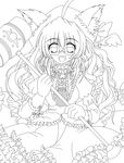  animal_ears cokua frills glasses gloves greyscale highres lineart long_hair monochrome open_mouth original smile solo 