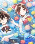  2girls :d absurdres ascot balloon black_bow black_bowtie black_hair black_skirt bow bowtie brown_hair caustics closed_eyes collared_shirt commentary detached_sleeves frilled_hair_tubes frilled_shirt_collar frills hair_bow hair_tubes hakurei_reimu hand_in_another's_hair hat highres long_hair long_sleeves looking_at_another lying multiple_girls parted_lips partially_submerged pointy_ears puffy_short_sleeves puffy_sleeves red_bow red_eyes red_hat ribbon-trimmed_sleeves ribbon_trim shameimaru_aya shirt short_hair short_sleeves sideways_glance skirt smile tokin_hat toraneko_2 touhou water white_shirt white_sleeves wide_sleeves yellow_ascot 