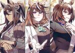  3girls animal_ears ascot black_hair black_jacket black_shirt blue_eyes blush breasts brown_hair closed_mouth commentary_request dark-skinned_female dark_skin ear_ornament earrings gloves green_ascot grey_vest hair_between_eyes highres horse_ears horse_girl jacket jewelry long_hair long_sleeves looking_at_viewer multicolored_hair multiple_girls murangee necktie pants parted_lips pink_necktie ponytail red_eyes shirt single_earring sirius_symboli_(umamusume) smile streaked_hair symboli_kris_s_(umamusume) symboli_rudolf_(umamusume) umamusume vest white_gloves white_hair white_jacket white_shirt 