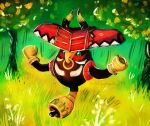  artist_name bubblymaika commentary face_piercing full_body grass green_eyes highres horns no_humans nose_piercing nose_ring outdoors outstretched_arms piercing pokemon pokemon_(creature) pokemon_focus solo spread_arms tapu_bulu tree 
