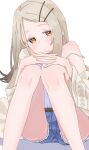  1girl :/ absurdres bare_legs blonde_hair blush camisole colored_eyelashes commentary_request denim denim_shorts feet_out_of_frame flipped_hair gakuen_idolmaster grey_hair head_tilt highres idolmaster interlocked_fingers knees_together_feet_apart knees_up long_hair looking_at_viewer orange_eyes own_hands_together robe sainarohh shinosawa_hiro short_shorts shorts simple_background single_bare_shoulder sitting solo strap_slip white_background white_camisole white_robe 