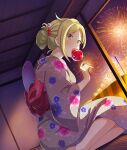  1girl :o aerial_fireworks alternate_hairstyle blonde_hair candy_apple dutch_angle eating feet_out_of_frame fireworks floral_print floral_print_kimono food from_side game_cg green_eyes hair_bun hair_ornament hand_fan holding holding_candy_apple holding_food indoors japanese_clothes kimono lantern looking_at_viewer looking_to_the_side night obi official_alternate_hairstyle official_art open_mouth paper_fan paper_lantern print_kimono red_sash sash short_hair sidelocks single_hair_bun sitting solo summer_festival tanaka_taeko teeth third-party_source toji_no_miko toji_no_miko:_kizamishi_issen_no_tomoshibi uchiwa upper_teeth_only wooden_ceiling yellow_kimono yokozuwari yukata 