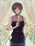  1girl alcohol belt black_belt black_choker black_dress bouquet brown_hair champagne champagne_flute choker cup dark-skinned_female dark_skin dress drink drinking_glass earrings flower hashtag-only_commentary highres holding holding_cup jewelry limbus_company looking_at_viewer open_mouth outis_(project_moon) project_moon solo vinegarhotpot white_flower yellow_eyes 