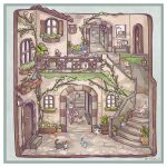  1boy 2girls animal bird black_pantyhose blue_hat border bow bowtie cat chigu closed_mouth commentary_request dog door fence floorplan flying_sweatdrops hat highres lantern long_sleeves multiple_girls musical_note original pantyhose plant potted_plant red_bow red_bowtie red_shirt shirt sleeping stairs striped_clothes striped_pantyhose twitter_username vertical-striped_clothes vertical-striped_pantyhose walking white_border window zzz 