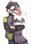 1boy beak bird black_hair black_pants closed_mouth commentary_request green_jacket highres holding holding_pokemon hug jacket long_sleeves mukomaru open_clothes open_jacket pants paxton_(pokemon) pokemon pokemon_(creature) pokemon_legends:_z-a red_eyes shirt short_hair staraptor talons white_shirt 