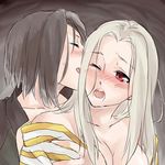  bad_id bad_pixiv_id black_hair breasts cleavage fate/zero fate_(series) gomi_yashiki hisau_maiya irisviel_von_einzbern large_breasts licking long_hair multiple_girls red_eyes saliva tears white_hair wince yuri 