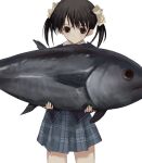  1girl animal black_hair closed_mouth collared_shirt commentary cowboy_shot ever_17 expressionless fish grey_eyes grey_skirt hair_ornament hair_scrunchie holding holding_animal holding_fish looking_at_viewer matsunaga_sara numata_eki plaid_clothes plaid_shirt school_uniform scrunchie shirt short_hair short_twintails simple_background skirt solo split_mouth tuna twintails white_background white_scrunchie 