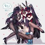  1other 3boys animal_ears aqua_eyes black_eyes black_hair black_hat black_leotard blue_leotard blue_shoes brown_pantyhose bulge commentary_request dante_(limbus_company) earrings half_updo hat heart heterochromia high_ponytail highres hong_lu_(project_moon) hongyuan_(identity)_(project_moon) jewelry kurokumo_clan_(identity)_(project_moon) leotard limbus_company long_hair male_playboy_bunny multiple_boys open_mouth pantyhose pectoral_cleavage pectorals ponytail project_moon rabbit_ears shiki_(shikki46) shoes smile tingtang_gang_(identity)_(project_moon) very_long_hair 