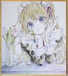  1girl absurdres black_dress blonde_hair blue_eyes blush commentary_request dress flower highres juliet_sleeves long_hair long_sleeves looking_at_viewer maid maid_headdress original parted_lips photo_(medium) pink_flower puffy_sleeves sha2mo shikishi signature solo traditional_media upper_body very_long_hair white_flower 