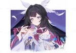  1girl armlet bare_shoulders black_hair border bright_pupils collarbone colored_inner_hair columbina_(genshin_impact) dress falling_feathers feathers genshin_impact hair_intakes hair_ornament hair_ribbon hand_up head_wings highres jewelry kawaii_rowa long_hair long_sleeves looking_at_viewer multicolored_hair open_mouth purple_eyes purple_hair ribbon sidelocks solo streaked_hair unusually_open_eyes watermark white_border white_dress white_ribbon white_wings wings x_hair_ornament 