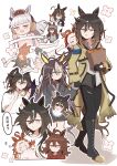  6+girls absurdres aged_down ahoge alternate_costume animal_ears baby baby_carrier black_boots black_gloves black_hair black_pants boots brown_eyes brown_hair carrot carrying carrying_baby carrying_person chibi child child_carry closed_eyes coat commentary_request dream_journey_(umamusume) ear_covers family feeding fenomeno_(umamusume) glasses gloves goggles goggles_around_neck gold_ship_(umamusume) grey_sweater hair_between_eyes highres holding holding_hands holding_rattle holding_spoon horse_ears horse_girl horse_tail long_hair long_sleeves meni_shuki_rush-sshu! multicolored_hair multiple_girls nakayama_festa_(umamusume) open_mouth orfevre_(umamusume) pacifier pants parent_and_child pillbox_hat rattle red_shirt rere_tu2 shirt short_sleeves siblings smile speech_bubble spoon stay_gold_(sunlit_outsider)_(umamusume) stay_gold_(umamusume) stay_gold_clan_(umamusume) sweater tail torn_clothes torn_pants translation_request umamusume white_hair white_shirt yellow_coat 