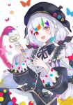  1girl :d artist_painter beret black_jacket black_skirt bow bug butterfly candy collared_shirt commentary_request cowboy_shot food hands_up hat heterochromia highres hiiragi_yoko holding holding_paintbrush jacket jogasaki_noah lollipop long_hair long_sleeves looking_at_viewer mahou_shoujo_no_majo_saiban multi-tied_hair multicolored_hair neck_ribbon off_shoulder open_mouth paintbrush polka_dot polka_dot_bow red_eyes ribbon shirt skirt smile solo streaked_hair white_background white_hair white_shirt yellow_eyes 