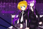  1girl blonde_hair blue_eyes engrish holding holding_hands kagamine_rin kamui_gakupo long_hair purple_eyes purple_hair ranguage sorakase_sawa thighhighs vocaloid 