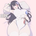 1girl arm_strap armpits black_hair blush breasts butterfly_hair_ornament character_request china_dress chinese_clothes commentary_request cowboy_shot curvy double-parted_bangs dress flat_color folded_fan folding_fan gloves hair_ornament hand_fan hand_on_own_stomach head_on_pillow heart heart-shaped_pupils highres indie_virtual_youtuber large_breasts long_hair looking_at_viewer lying on_back open_mouth pillow pink_background purple_eyes rapid17 sleeveless sleeveless_dress smile solo symbol-shaped_pupils thick_thighs thighhighs thighs virtual_youtuber white_dress white_gloves white_thighhighs wide_hips 