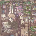  1boy ahoge animal barrel bear blue_eyes book bookshelf brown_hair cauldron chair chigu closed_mouth commentary_request green_hoodie grey_pants hat head_rest highres hood hood_down hoodie indoors inkwell lamp long_sleeves male_focus mixing open_book original pants pencil plant potted_plant purple_hat quill rabbit short_hair sitting solo standing table thick_eyebrows twitter_username witch_hat wooden_floor 