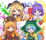  4girls ahoge apron arm_ribbon arm_up belt black_dress black_hat blonde_hair blue_dress blue_hair blue_hairband blue_hat bow breast_pocket breasts brown_belt buttons chinese_clothes cloak commentary constellation_print crescent crescent_print dalachi_(headdress) detached_sleeves dress drum energy flower frills green_apron green_belt green_bow green_dress green_hairband green_headscarf hair_between_eyes hairband hand_on_own_hip hand_up hands_up haniyasushin_keiki hat headscarf holding holding_tool index_finger_raised instrument jewelry junko_(touhou) lapels leaf long_hair long_sleeves looking_at_viewer magatama magatama_necklace mandarin_collar matara_okina medium_breasts multicolored_dress multicolored_hairband multiple_girls neck_ribbon necklace one_eye_closed open_mouth orange_dress orange_hair orange_hairband orange_sleeves orange_tabard parted_bangs patchwork_clothes phoenix_print pink_eyes pocket pom_pom_(clothes) puffy_long_sleeves puffy_short_sleeves puffy_sleeves purple_eyes purple_hair purple_hairband red_dress red_eyes red_hairband red_tabard ribbon shirt short_hair short_sleeves sidelocks simple_background sky_print stage_connection star_(symbol) tabard tassel tenkyuu_chimata touhou tsuzumi turtleneck turtleneck_dress uiwateko upper_body v-shaped_eyebrows wavy_hair white_background white_cloak white_flower white_shirt wide_sleeves wood_carving_tool yellow_dress yellow_eyes yellow_hairband yellow_ribbon 