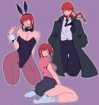  1girl animal_ears bare_shoulders black_leotard black_necktie black_pants braid braided_ponytail breasts chainsaw_man closed_mouth commentary dentedhood detached_collar earrings english_commentary fake_animal_ears floating_hair full_body hands_in_pockets highres jewelry large_breasts leotard looking_at_viewer makima_(chainsaw_man) multiple_views necktie pants pantyhose playboy_bunny rabbit_ears red_hair smile socks solo white_hair white_socks yellow_eyes 